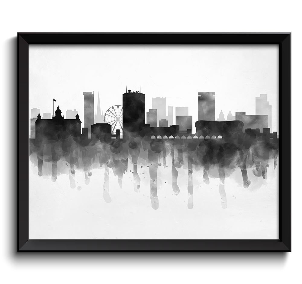 Birmingham Skyline England Europe Cityscape Art Print Poster Black White Grey Watercolor Painting