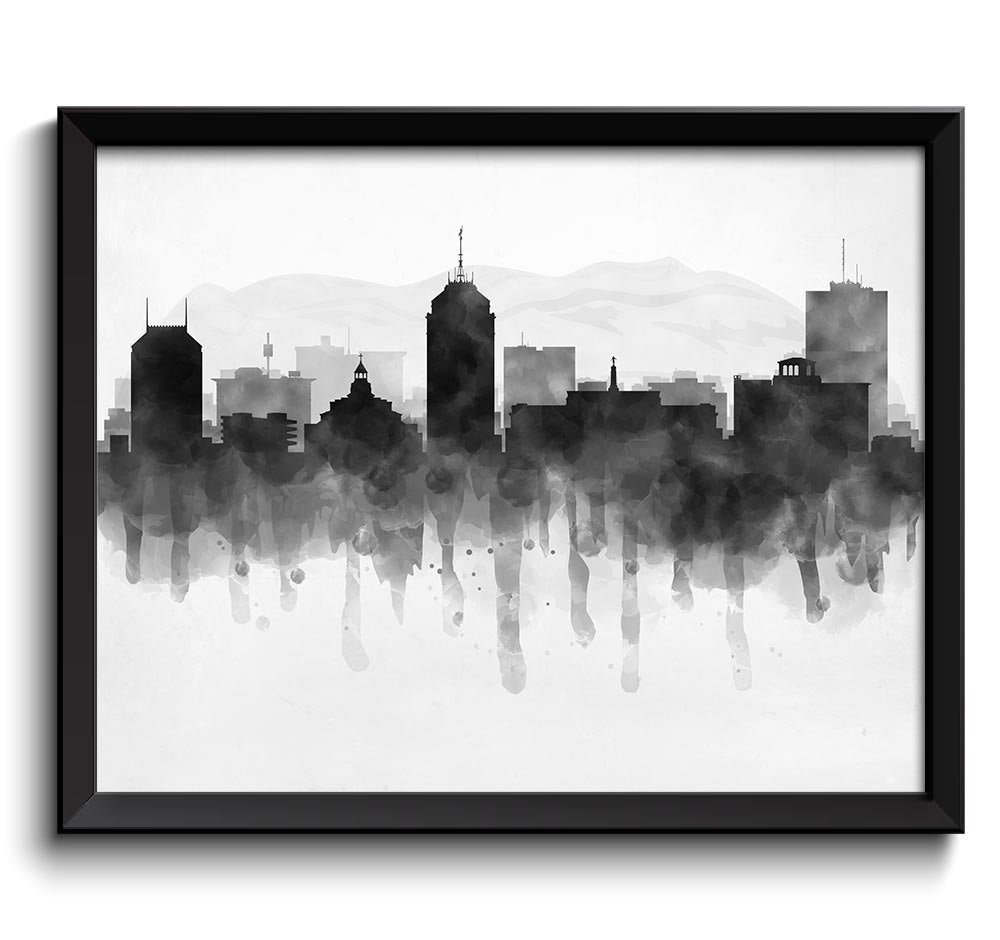 Fresno Skyline California USA United States Cityscape Art Print Poster Black White Grey Watercolor P