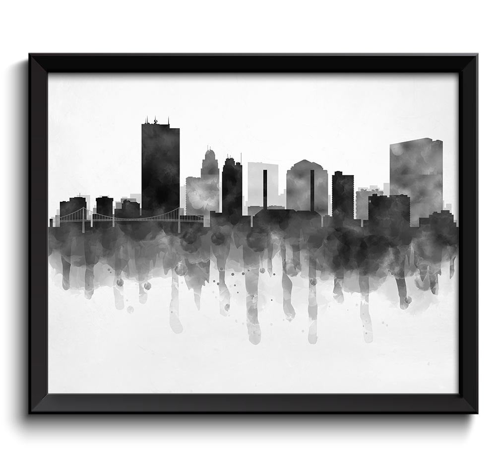 Toledo Skyline Ohio USA United States Cityscape Art Print Poster Black White Grey Watercolor Paintin