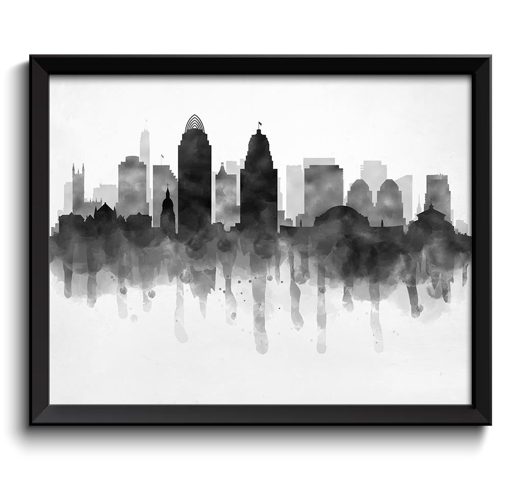 Cincinnati Skyline Ohio USA United States Cityscape Art Print Poster Black White Grey Watercolor Pai