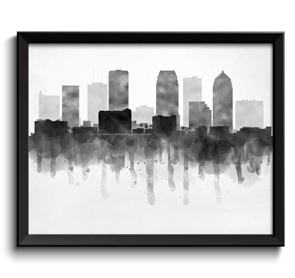 Tampa Skyline Florida USA United States Cityscape Art Print Poster Black White Grey Watercolor Paint