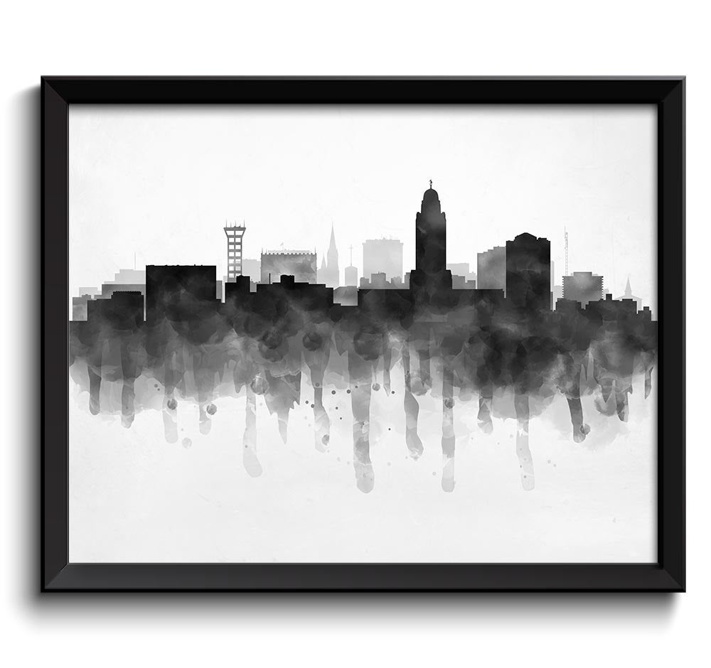 Lincoln Skyline Nebraska USA United States Cityscape Art Print Poster Black White Grey Watercolor Pa