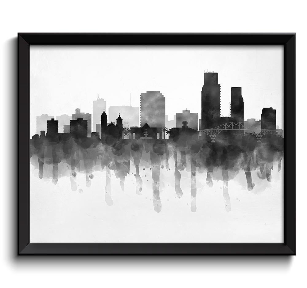 Corpus Christi Skyline Texas USA United States Cityscape Art Print Poster Black White Grey Watercolo