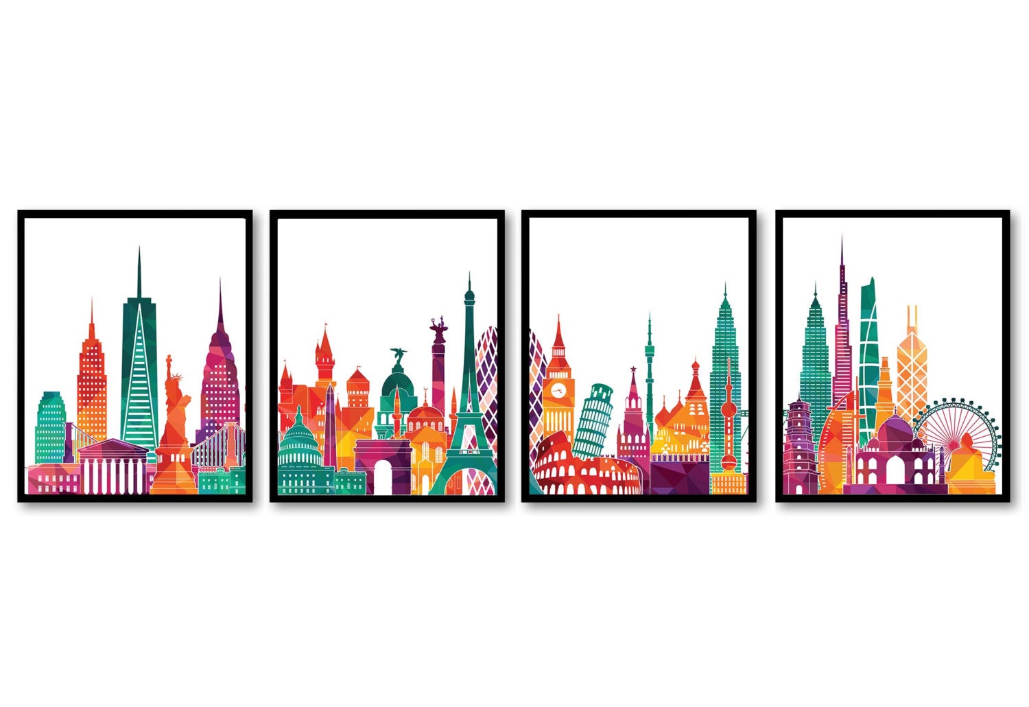 World Skyline City Colorful Set of 4 Cityscape Famous Landmarks Poster Print Globe Map Modern Landsc