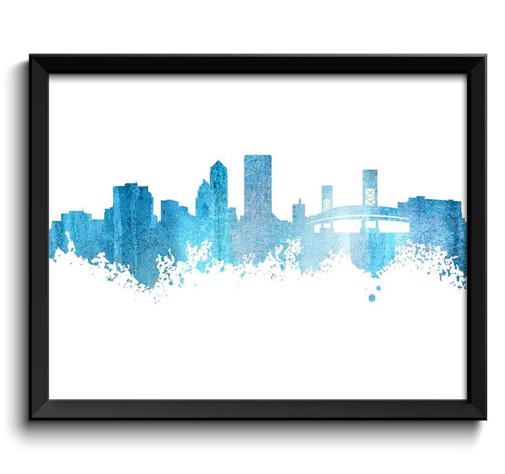 Jacksonville Skyline Steel Blue Grey Watercolor Painting Jacksonville Florida Cityscape Jacksonville