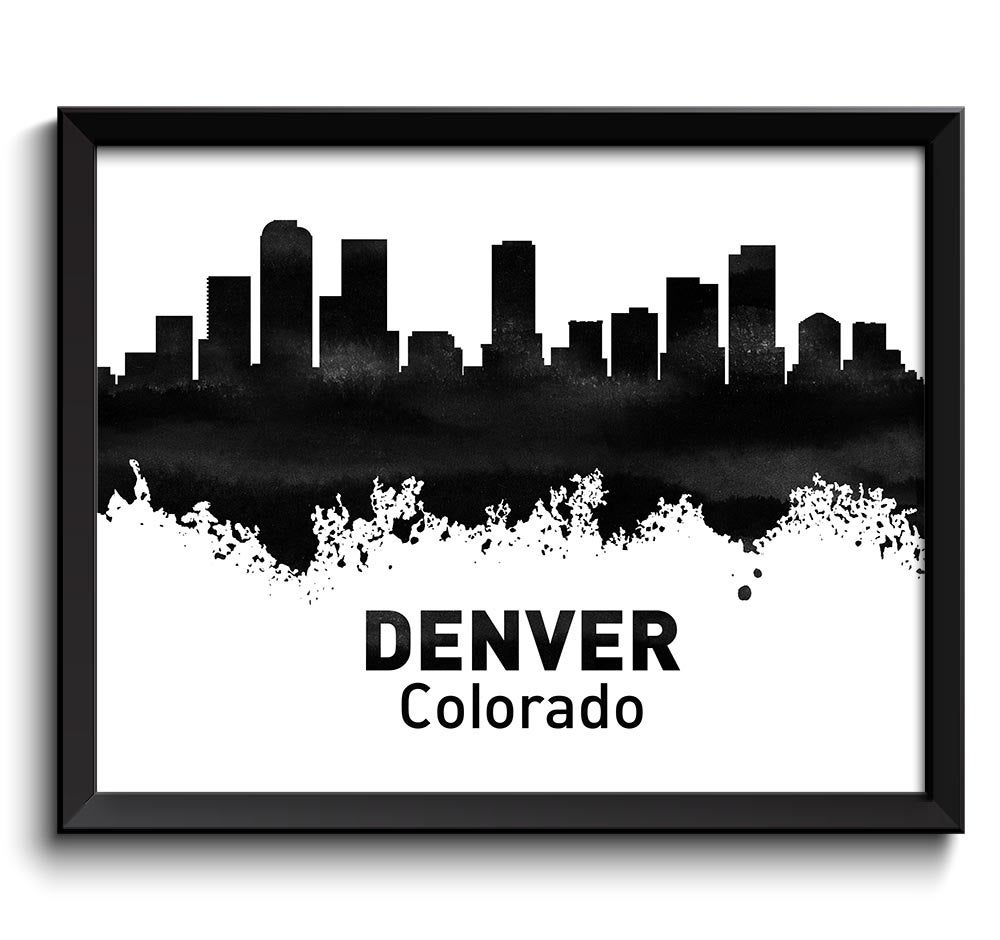 Denver Skyline Colorado City Black White Grey Watercolor Cityscape Poster Print Modern Abstract Land