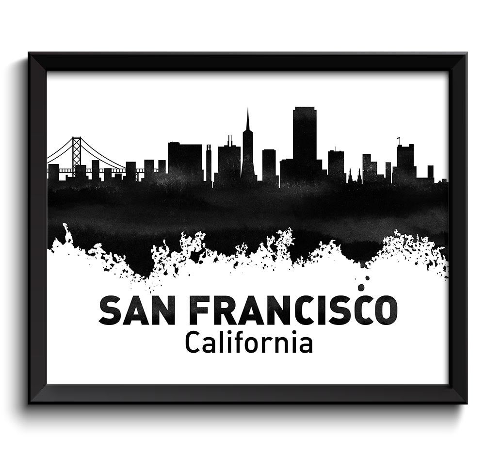 San Francisco Skyline California City Black White Grey Watercolor Cityscape Poster Print Abstract La