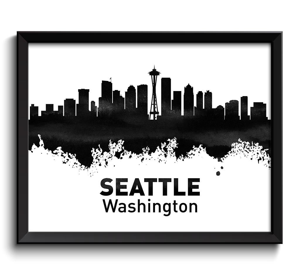 Seattle Skyline Washington City Black White Grey Watercolor Cityscape Poster Print Modern Abstract L