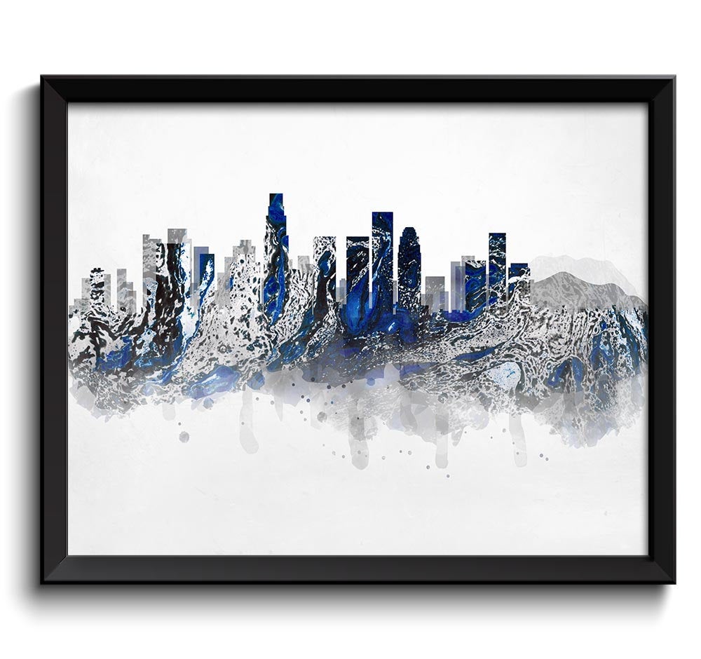 Los Angeles Navy Blue Grey Silver Skyline California USA United States Cityscape Art Print Poster Wa