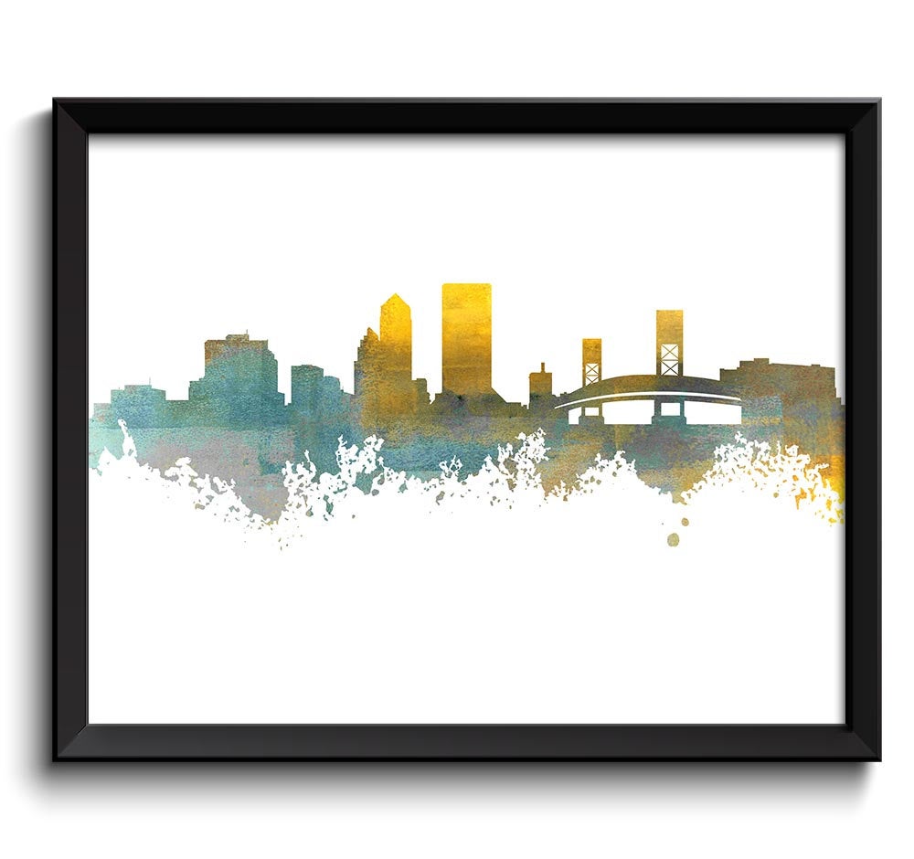 Jacksonville Skyline Blue Yellow Grey Watercolor Painting Jacksonville Florida Cityscape Jacksonvill