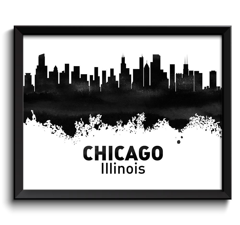 Chicago Skyline Illinois City Black White Grey Watercolor Cityscape Poster Print Modern Abstract Lan