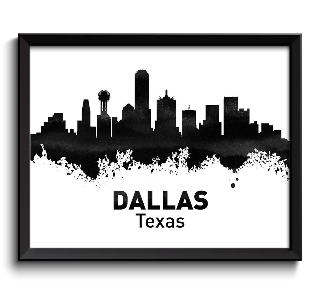 Dallas Skyline Texas City Black White Grey Watercolor Cityscape Poster Print Modern Abstract Landsca