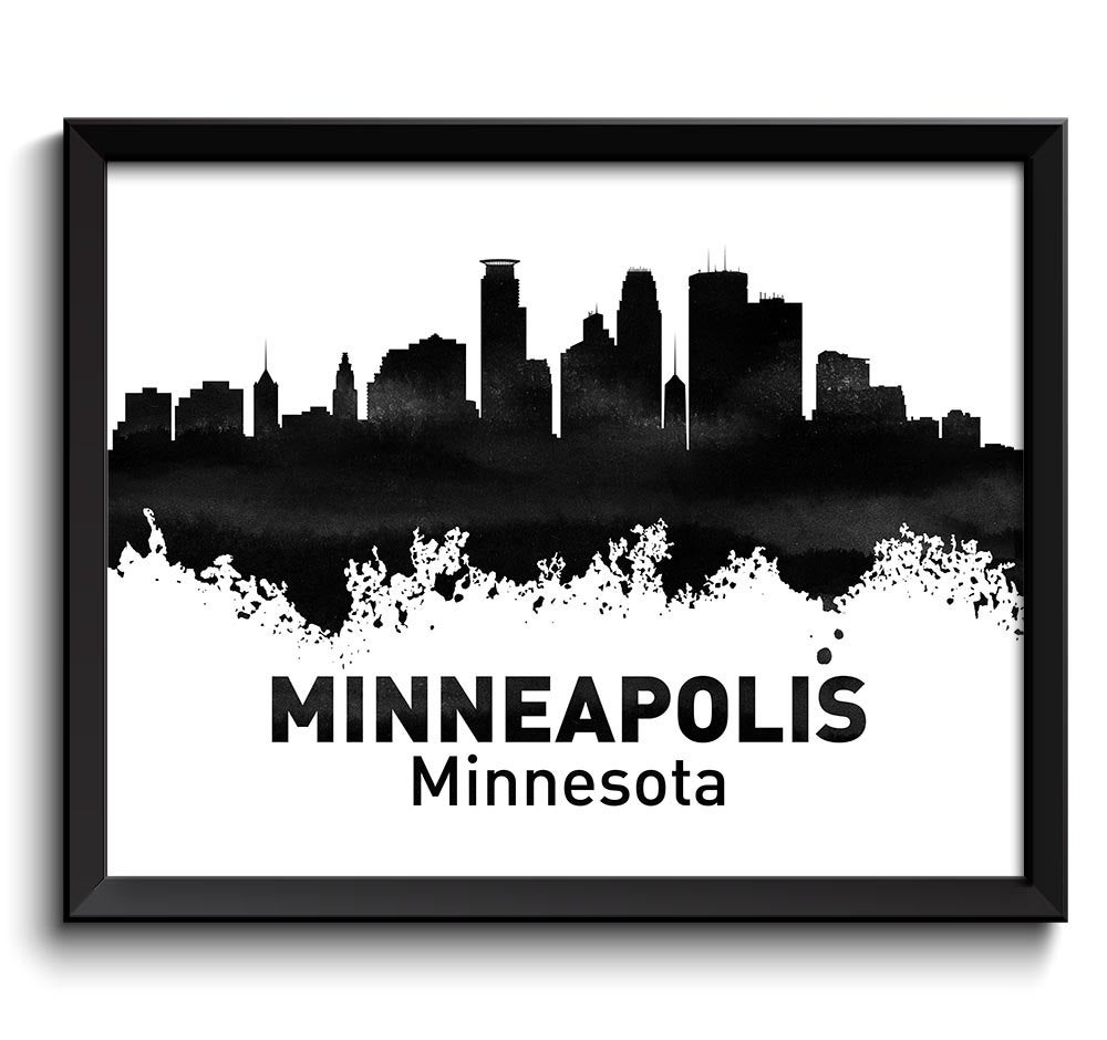 Minneapolis Skyline Minnesota City Black White Grey Watercolor Cityscape Poster Print Abstract Lands