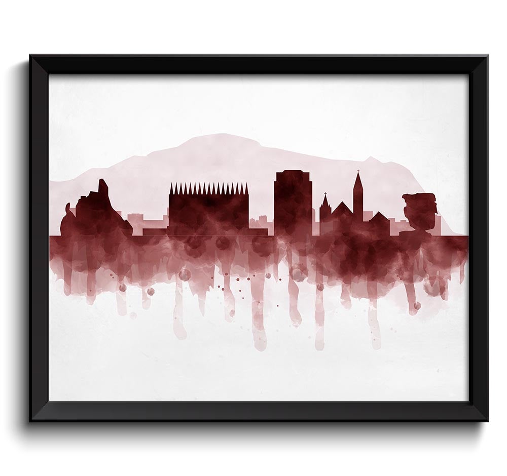 Colorado Springs Red Black Grey Skyline Colorado USA United States Cityscape Art Print Poster Waterc