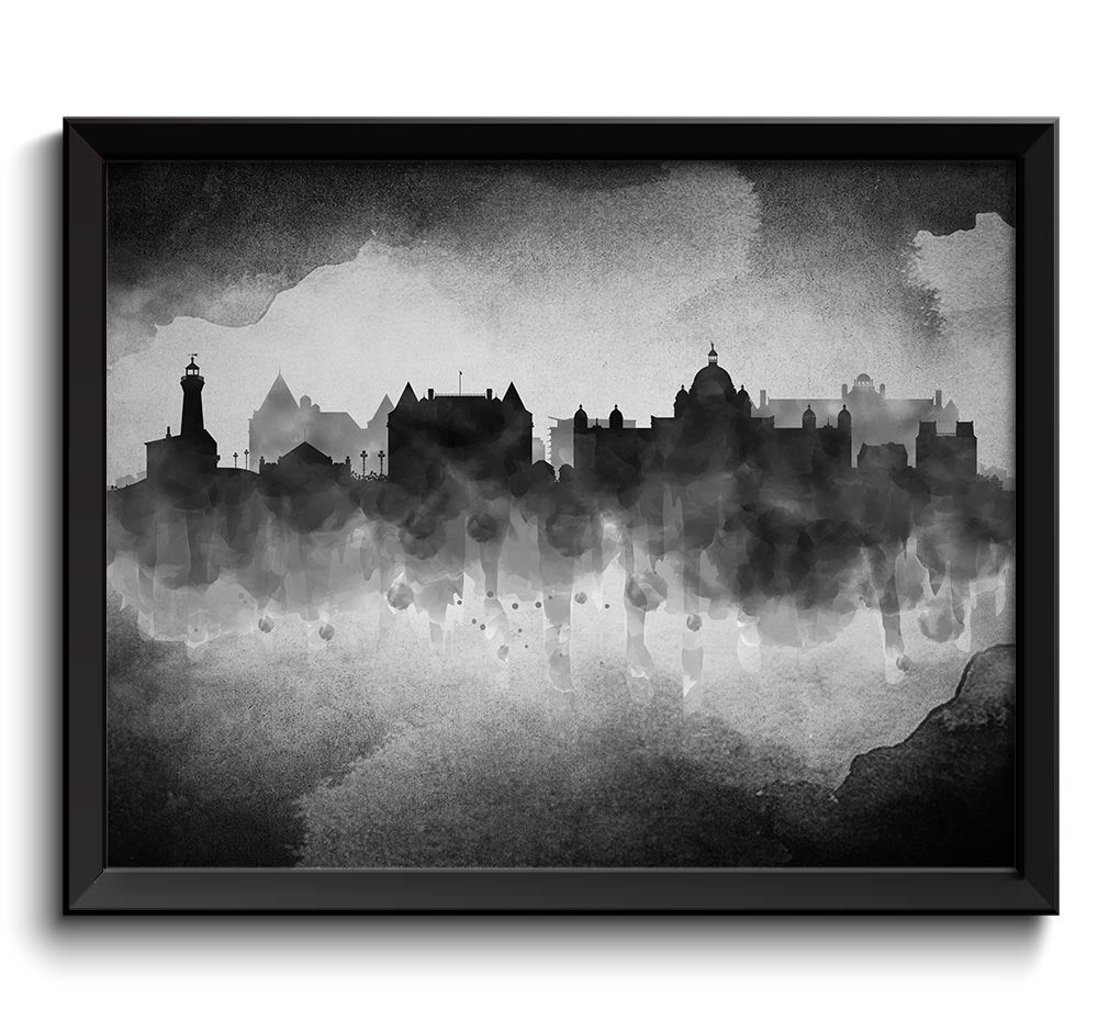 Victoria Black White Grey Skyline BC British Columbia Canada Cityscape Art Print Poster Watercolor P