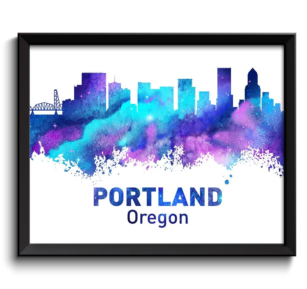 Portland Skyline Purple Turquoise Royal Blue Oregon City Watercolor Cityscape Poster Print Abstract 