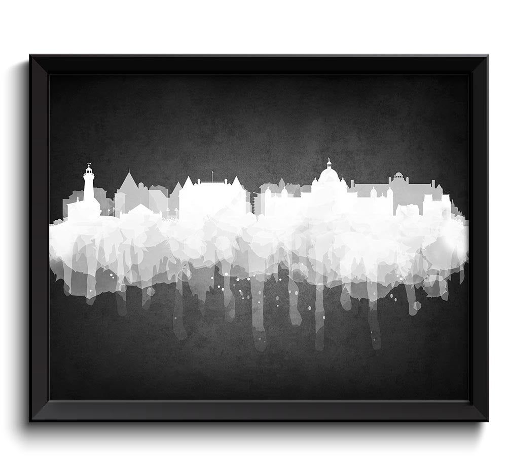 White Victoria Skyline BC British Columbia Canada Cityscape Art Print Poster Grey Black Watercolor P