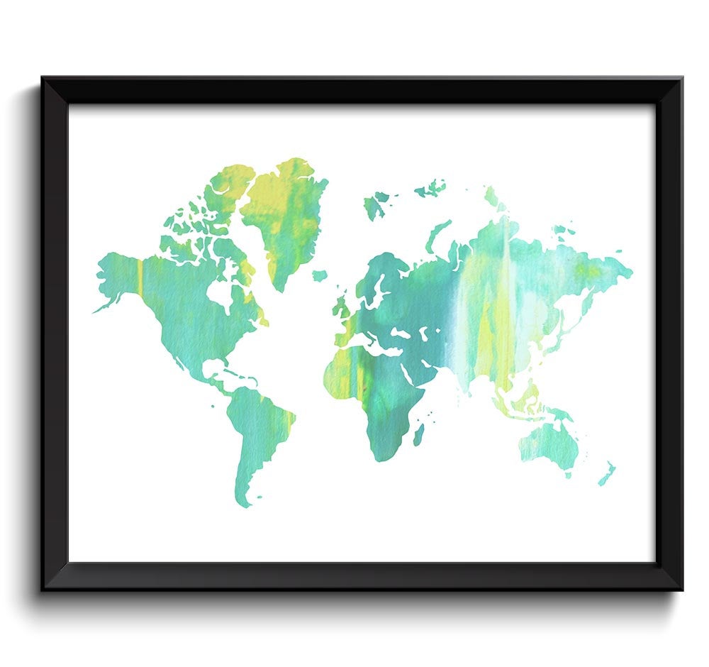 World Map Print Green Teal Yellow Turqouse Watercolor Poster Print Globe Modern Abstract Landscape A