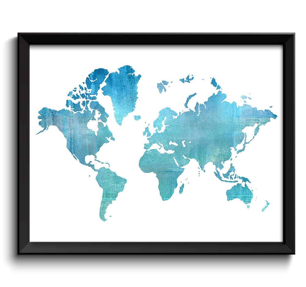 World Map Print Aqua Teal Turquoise blue Watercolor Poster Print Globe Modern Abstract Landscape Art