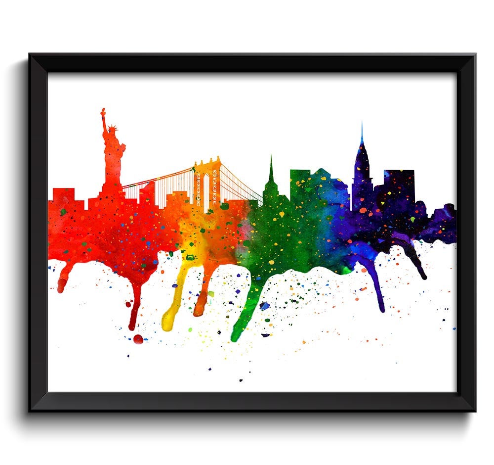 New York Skyline City Rainbow Watercolor Cityscape Poster Print Modern Landscape Art Painting Red Gr