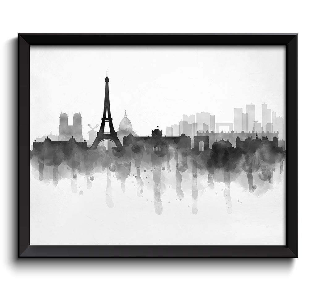 Paris Skyline France Europe Cityscape Art Print Poster Black White Grey Watercolor Painting