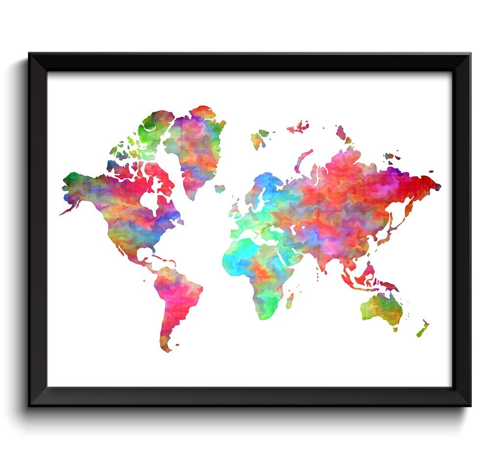 World Map Print Colorful Watercolor World Map Poster Pink Blue Purple Green Red Rainbow Globe Landsc