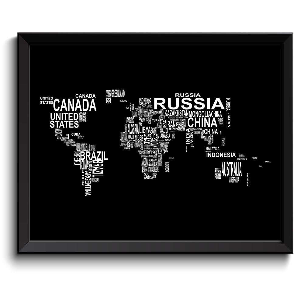 World Text Word Cloud Typography Map Poster Print Black White Globe Modern Abstract Landscape Wall A