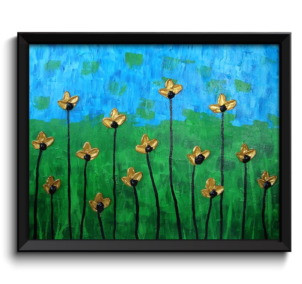 Metallic Gold Wild Flowers Painting Fine Art Print Modern Abstract Green Blue Wall Decor Bedroom Bat