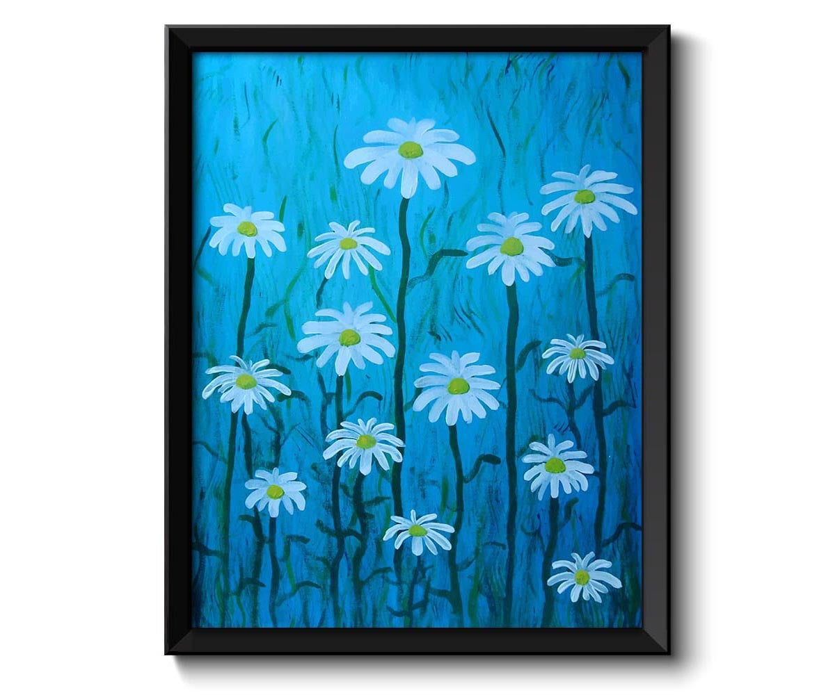 Daisy Art Painting Fine Art Print Daisies Flower Painting Turquoise Blue White Wall Decor Bedroom Ba