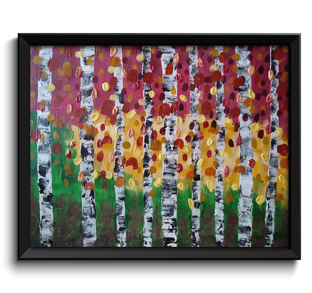 Modern Art Birch Trees Painting Fine Art Print Black White Green Tree Abstract Wall Decor Bedroom Ba