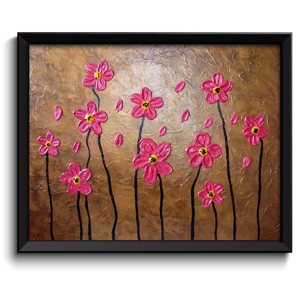 Metallic Gold Hot Pink Flowers Painting Fine Art Print Wild Flower Modern Abstract Wall Decor Bedroo