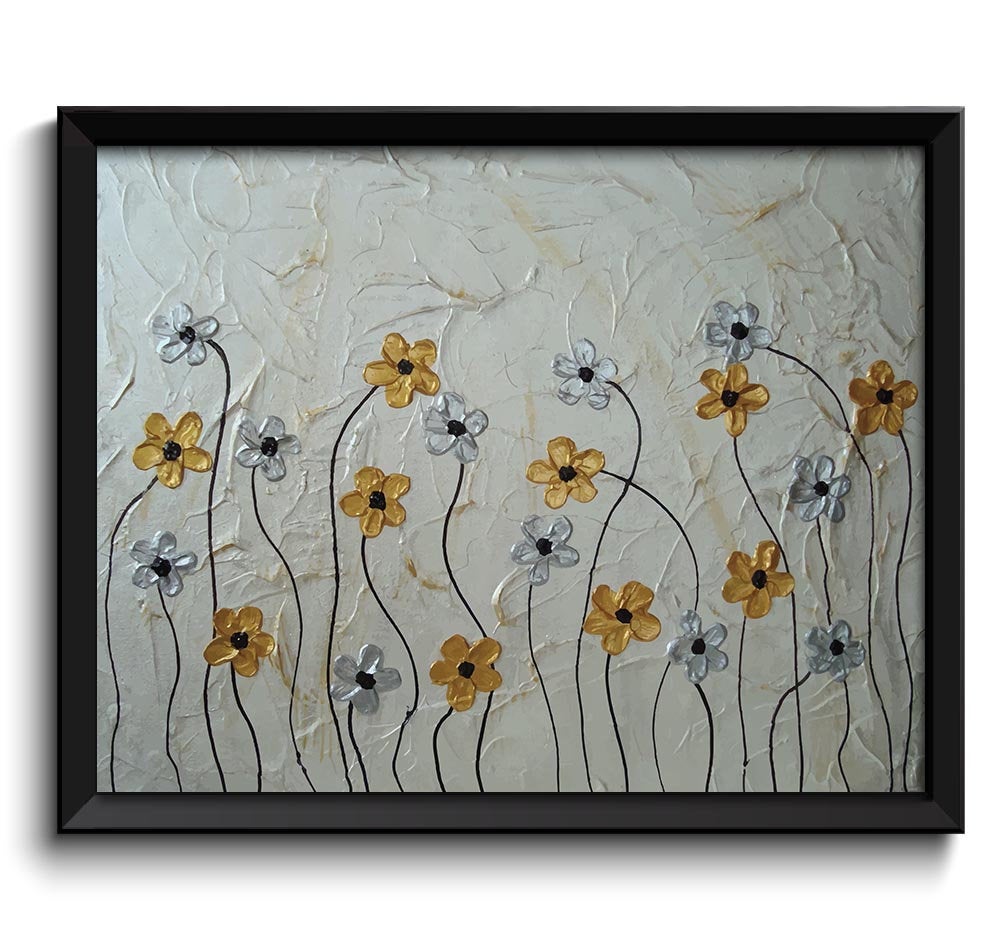 Daisy Art Painting Fine Art Print Daisies Flower Painting Silver Gold White Grey Wall Decor Bedroom 