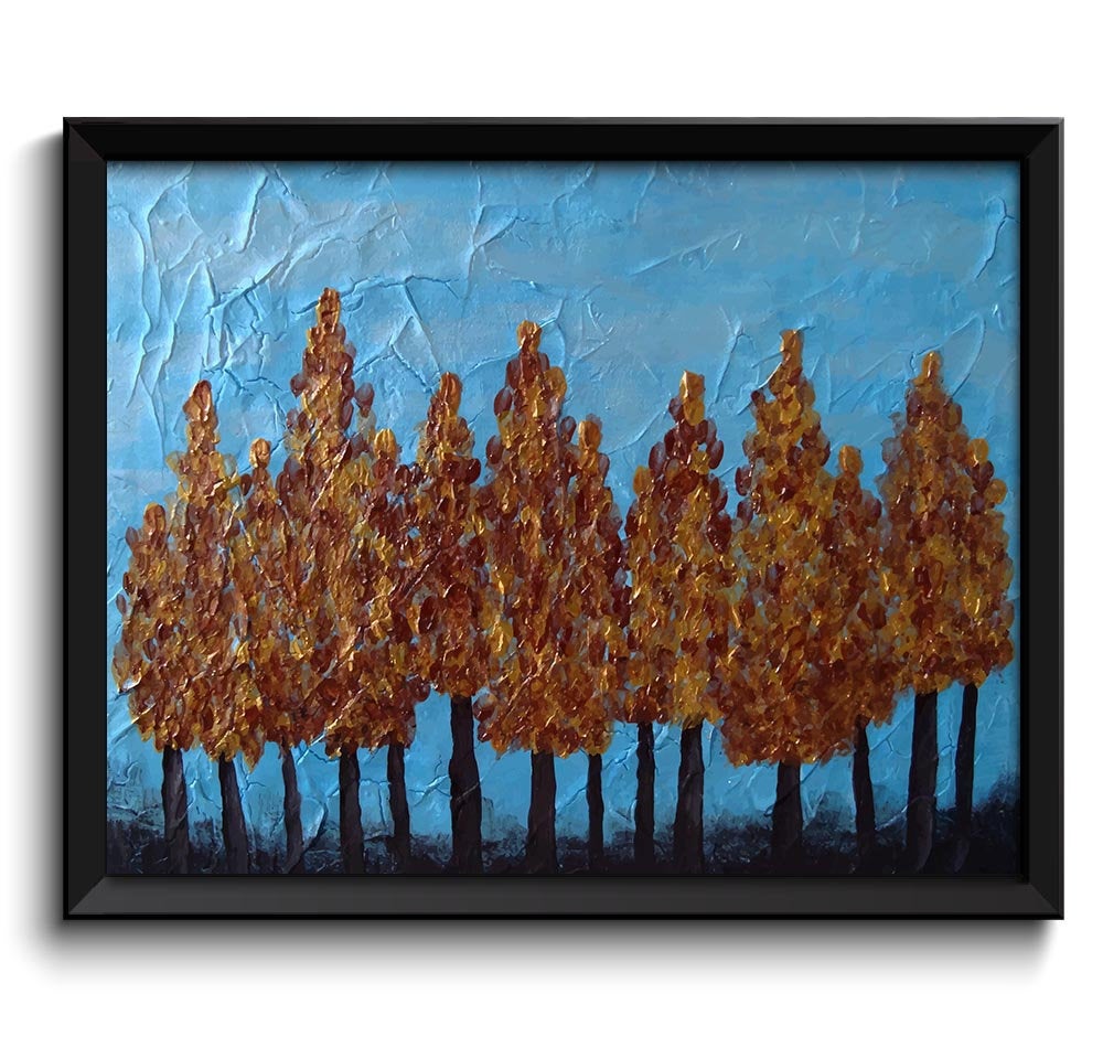 Modern Art Painting Fine Art Print Blue Red Brown Grey Metallic Gold Trees Abstract Wall Decor Bedro