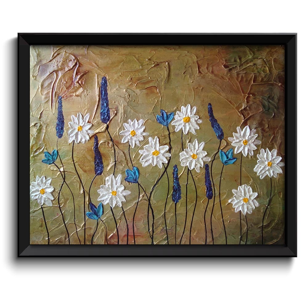 Gold Flower Painting Modern Fine Art Print Daisies Silver Gold White Purple Blue Wall Decor Bedroom 