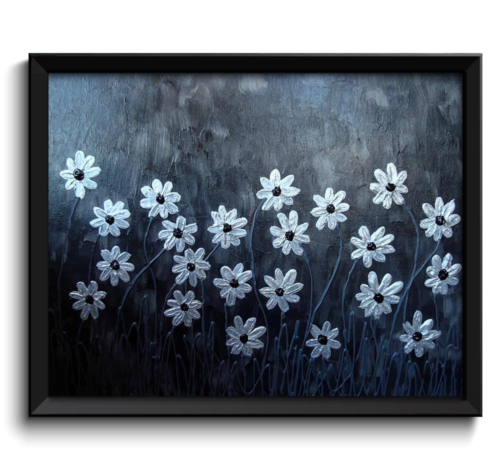 Daisy Art Painting Fine Art Print Daisies Flower Painting Silver Grey White Gray Wall Decor Bedroom 