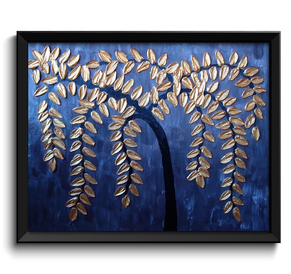 Modern Art Painting Fine Art Print Navy Blue Black Metallic Gold Tree Abstract Wall Decor Bedroom Ba