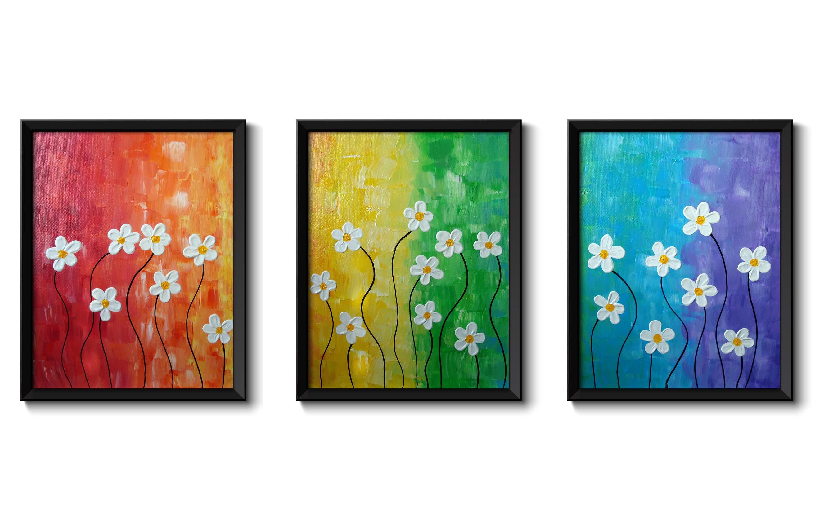 Daisy Painting Fine Art Set of 3 Prints Daisies Flower Rainbow White Colorful Wall Decor Bedroom Bat