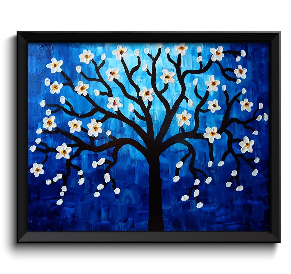 Modern Art Painting Fine Art Print Blossoms Tree Painting Abstract Navy Blue White Wall Decor Bedroo