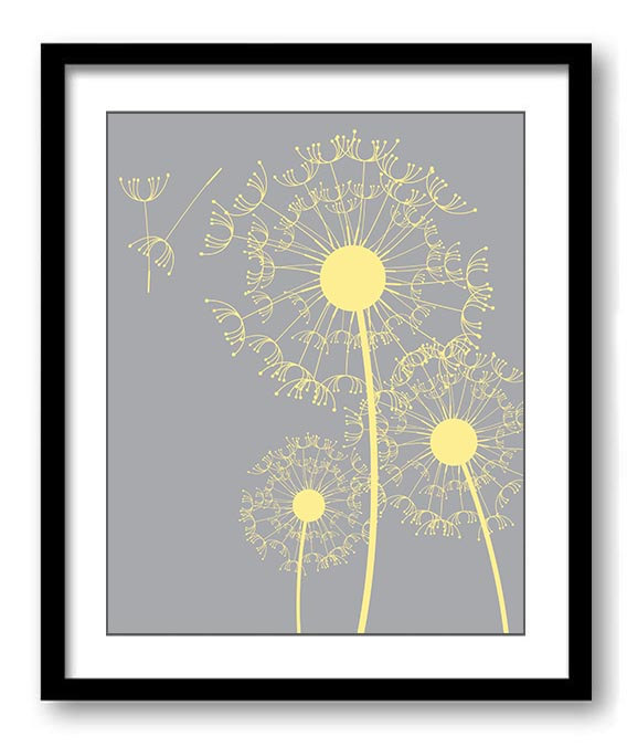 Yellow Grey Gray Dandelion Print Art Poster Text Bathroom Wall Decor Flower Wall Art Dandelion Art A