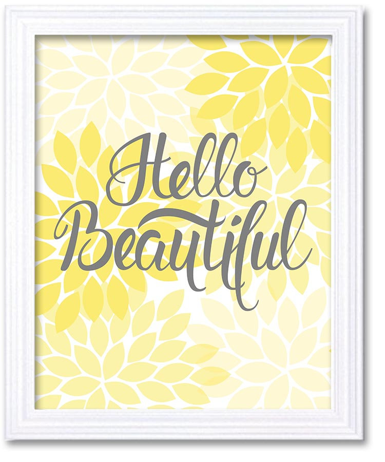 Home Decor Wall Art Bathroom Wall Decor Yellow Grey Hello Beautiful Chrysanthemum Flower Print Poste