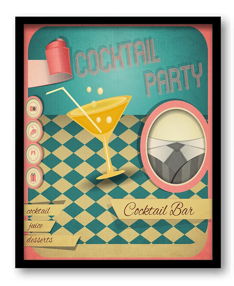 Vintage Retro Cocktail Party Drinks Art Print Beige Pink Yellow Turquoise Blue Home Kitchen Wall Dec