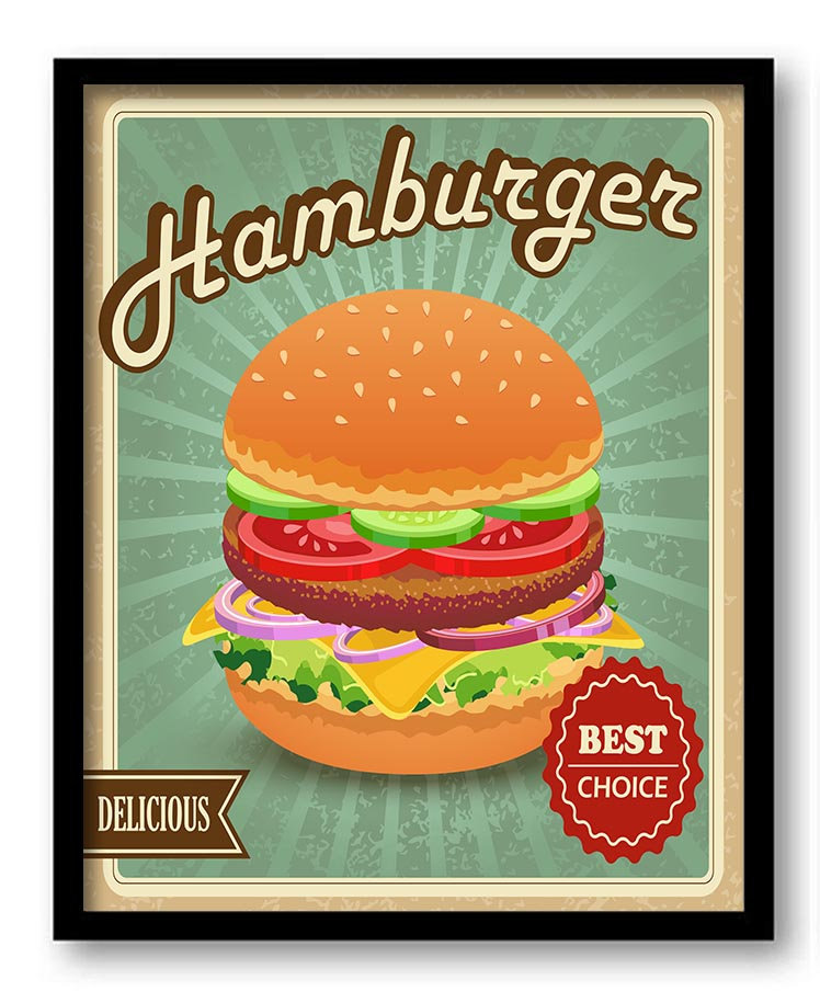 Vintage Retro Hamburgers Best Choice Art Print Teal Blue Brown Beige Red Home Kitchen Wall Decor Res