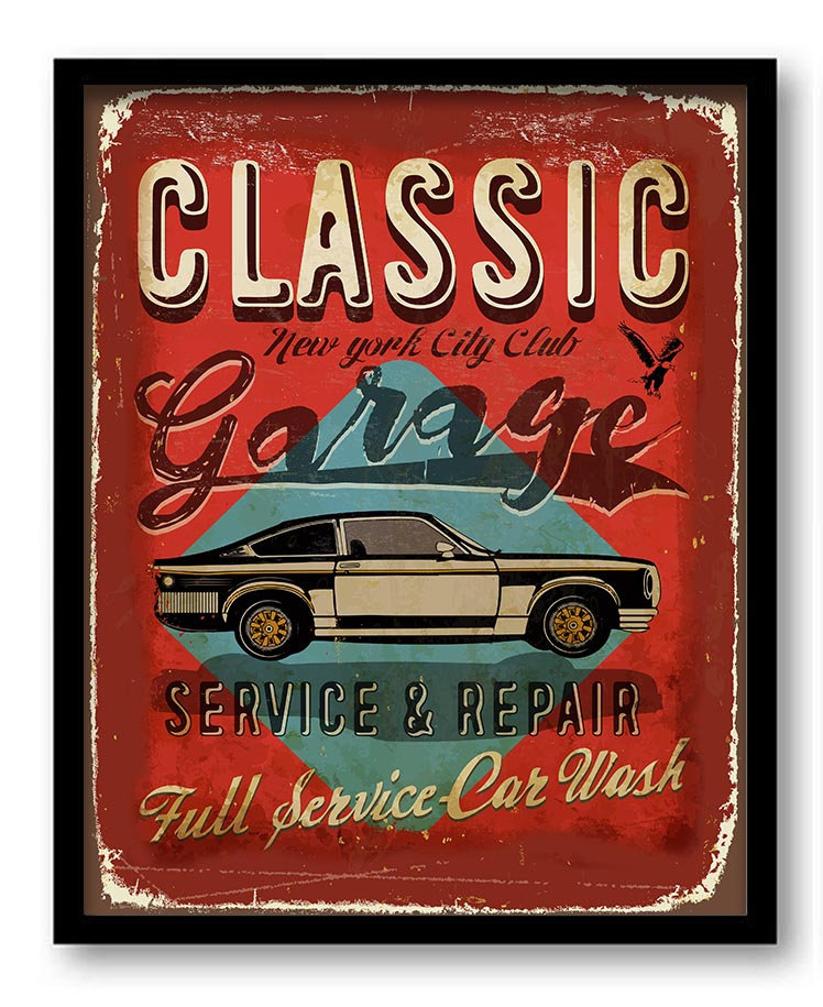 Vintage Retro Classic Garage Car Service Car Wash Art Print Brown Turquoise Blue Red Grey Home Fun W