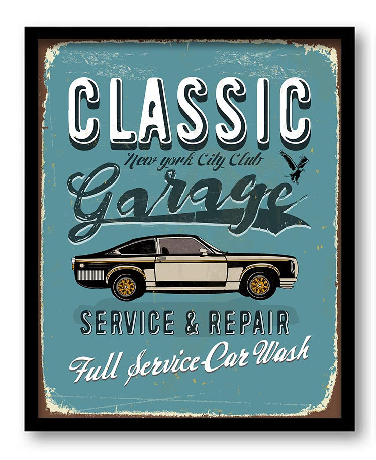 Vintage Retro Classic Garage Car Service Car Wash Art Print Brown Turquoise Blue Teal Grey Home Fun 