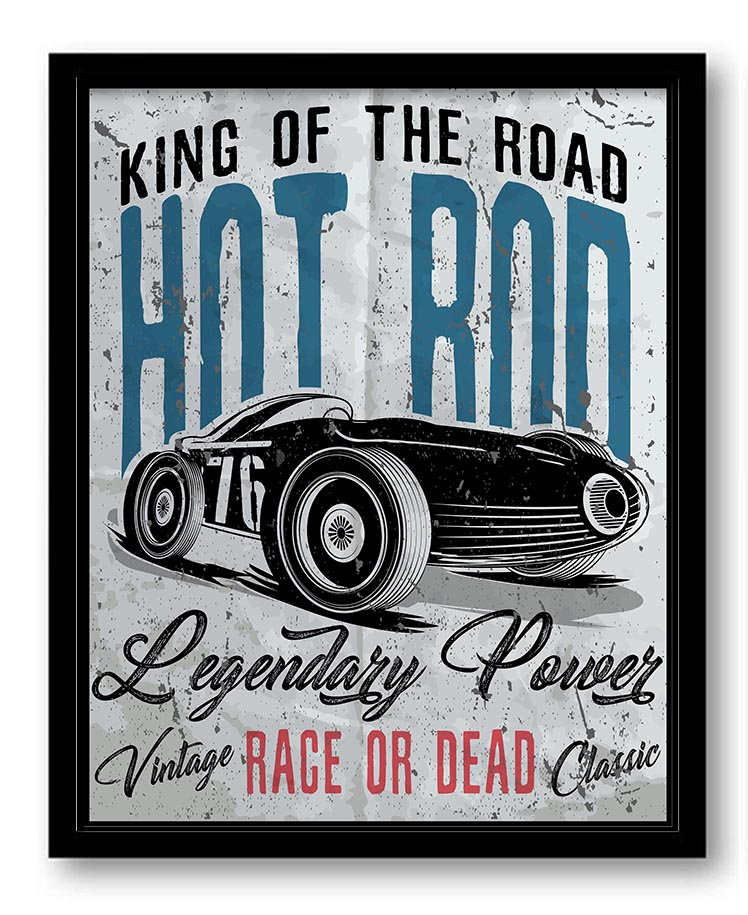 Vintage Retro Classic Hot Rod Car King of the Road Art Print Black Blue Red Grey Home Fun Wall Decor