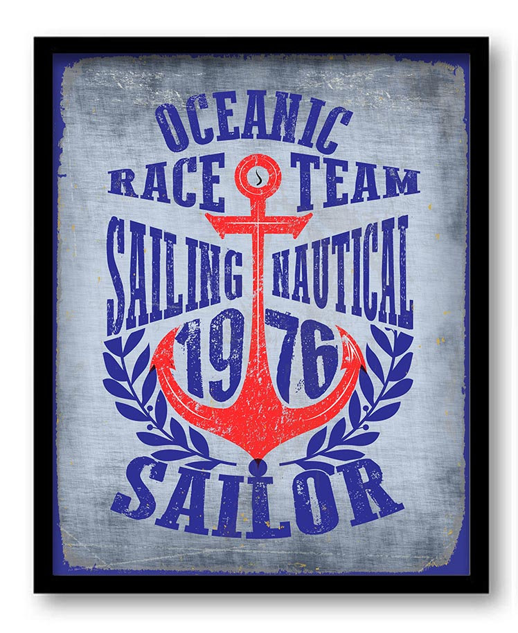 Oceanic Race Team Nautical Wall Art Print Ocean Beach Poster Seaside Sailing Navy Blue Red Bathroom 