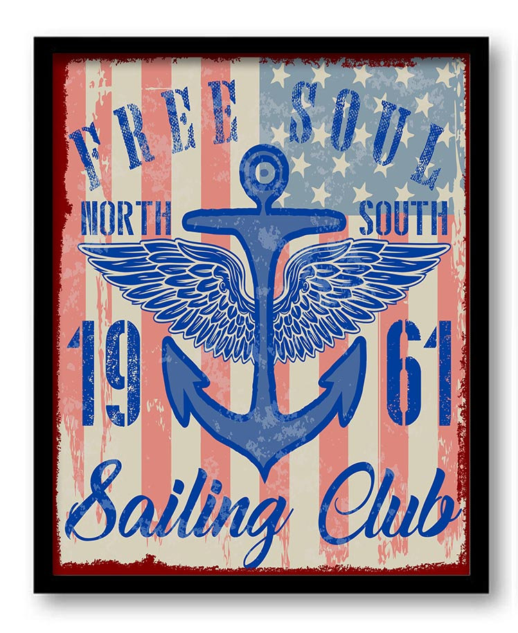 Free Soul Sailing Club Wall Art Print Nautical Ocean Print Beach Poster Navy Blue Red Anchor White H