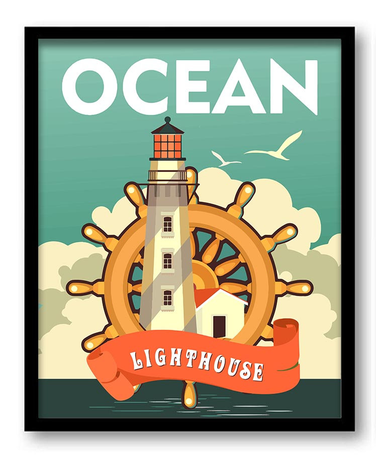 Nautical Wall Art Ocean Print Beach Poster Lighthouse Turquoise Blue Teal Green Beige Bathroom Home 