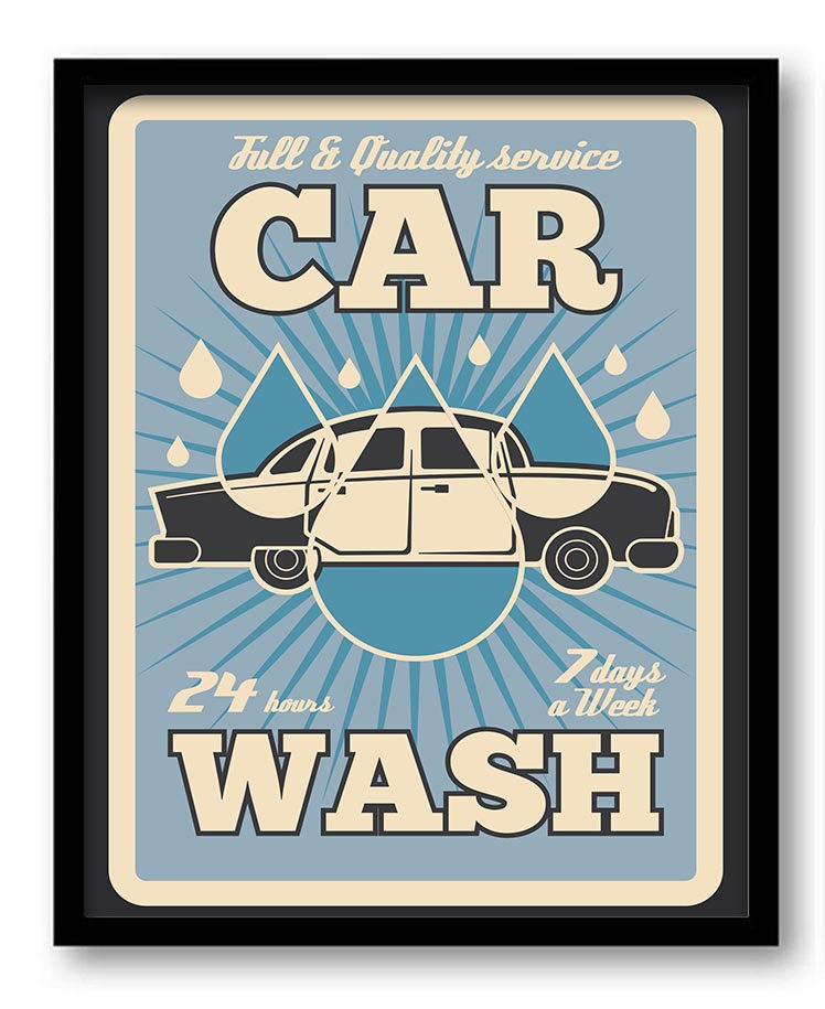 Vintage Retro Car Wash Art Print - Blue Beige Grey - Home Wall Decor Retro Poster Ad