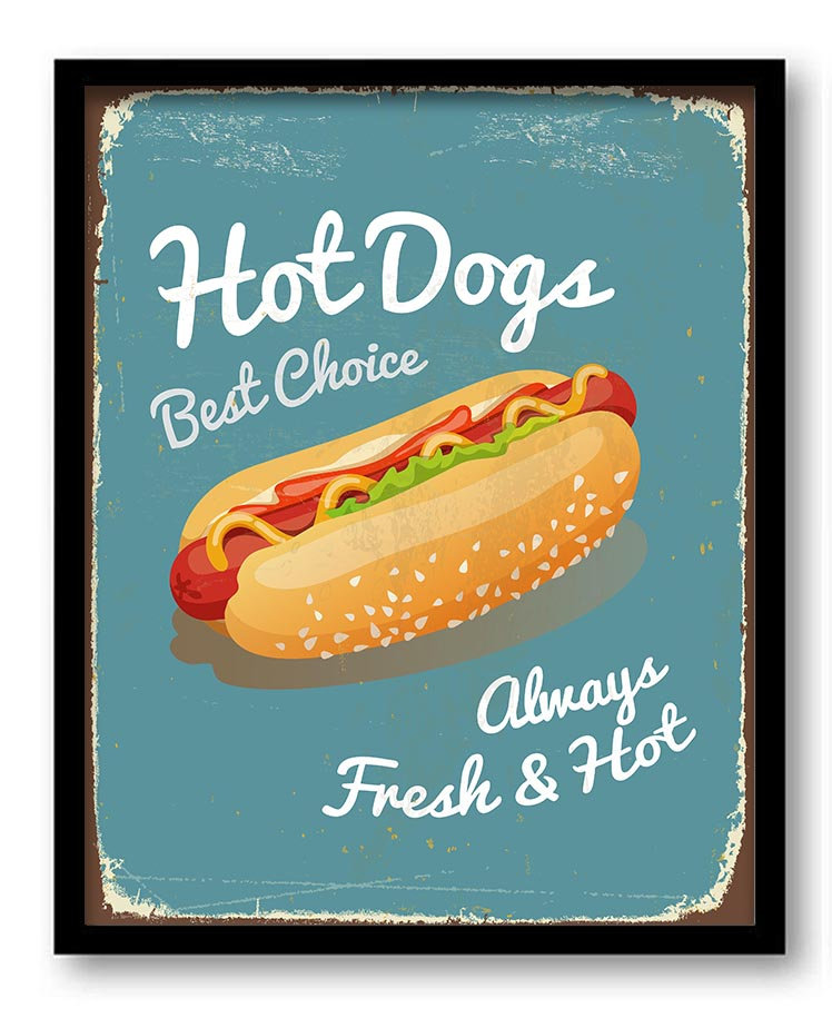 Vintage Hot Dogs Always Hot & Fresh Art Print - Blue Beige Red White home Kitchen Fun Wall Decor Res